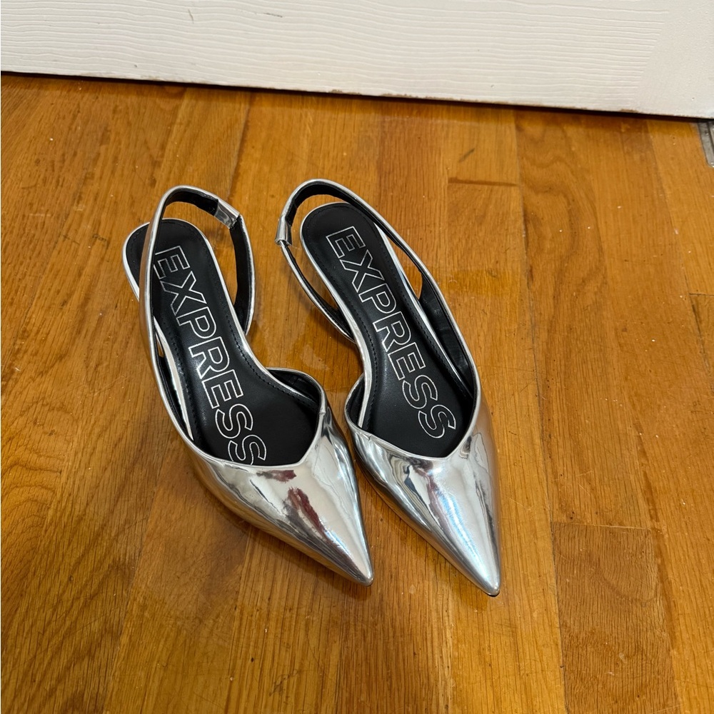 Express Metallic Silver Pointed Kitten Heels